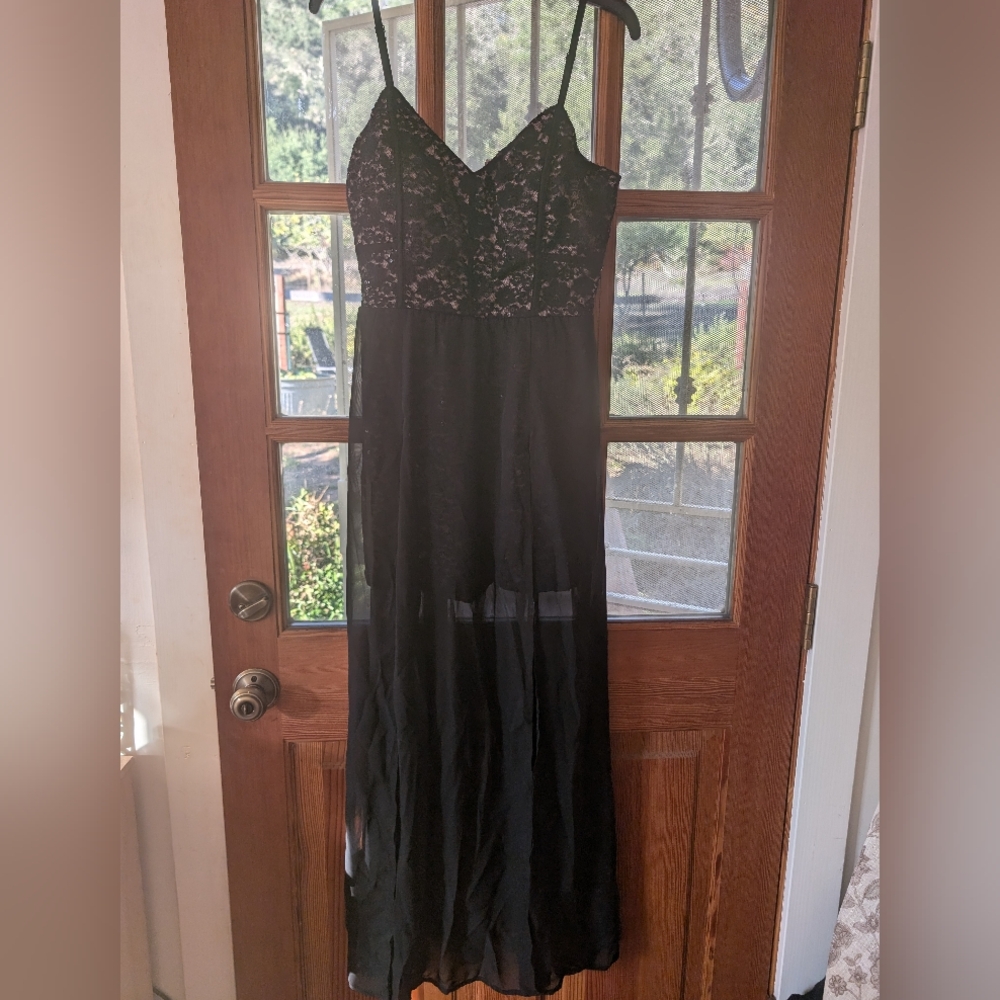 Elegant Black Lace Maxi Dress With Romper Shorts Attached